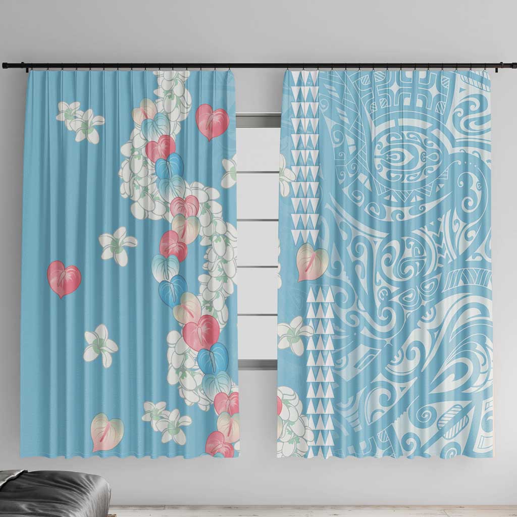 Blue Hawaii Anthurium Plumeria Lei Window Curtain LT9 With Hooks Blue - Polynesian Pride
