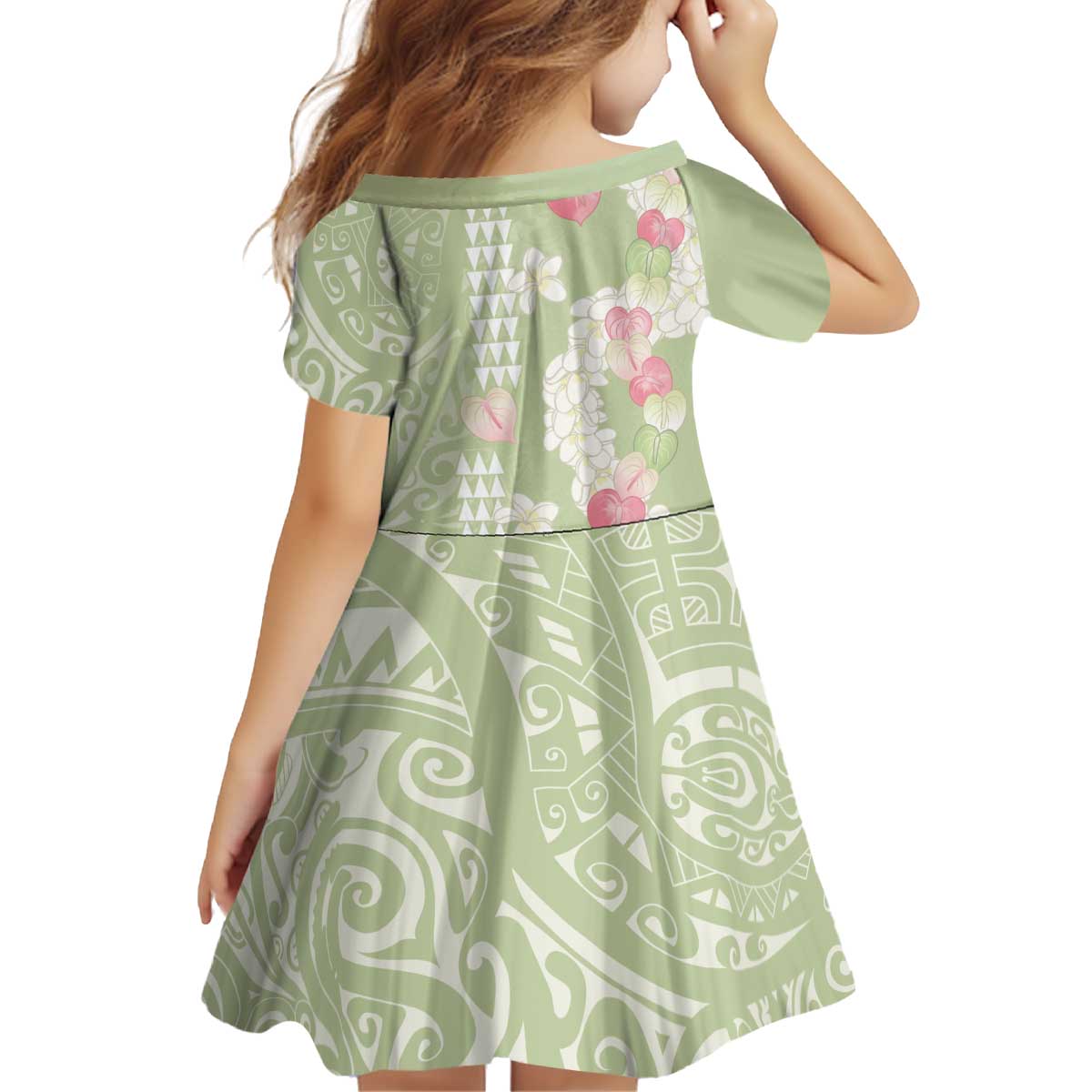 Leaf Green Hawaii Anthurium Plumeria Lei Kid Short Sleeve Dress LT9 - Polynesian Pride