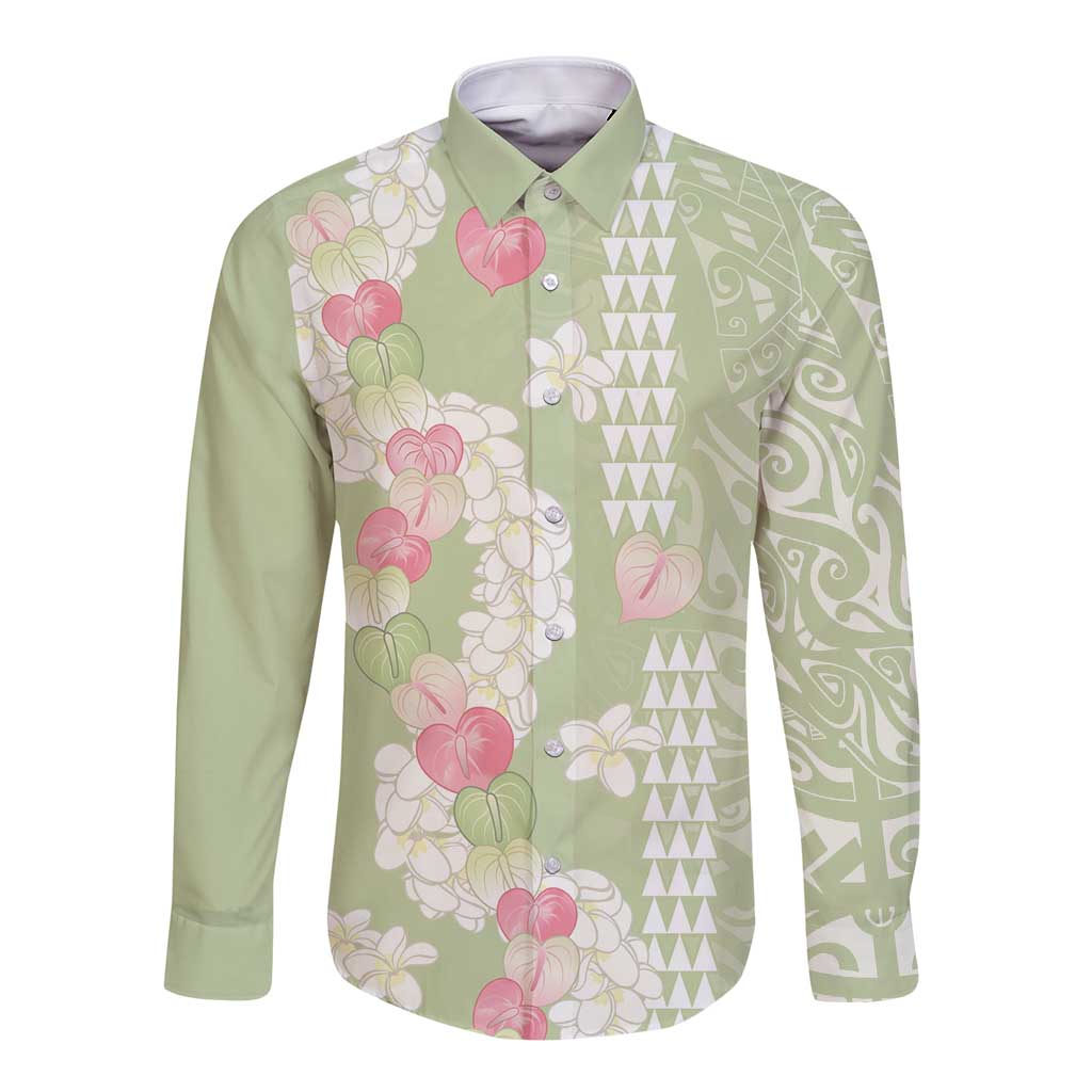 Leaf Green Hawaii Anthurium Plumeria Lei Long Sleeve Button Shirt LT9 Unisex Green - Polynesian Pride
