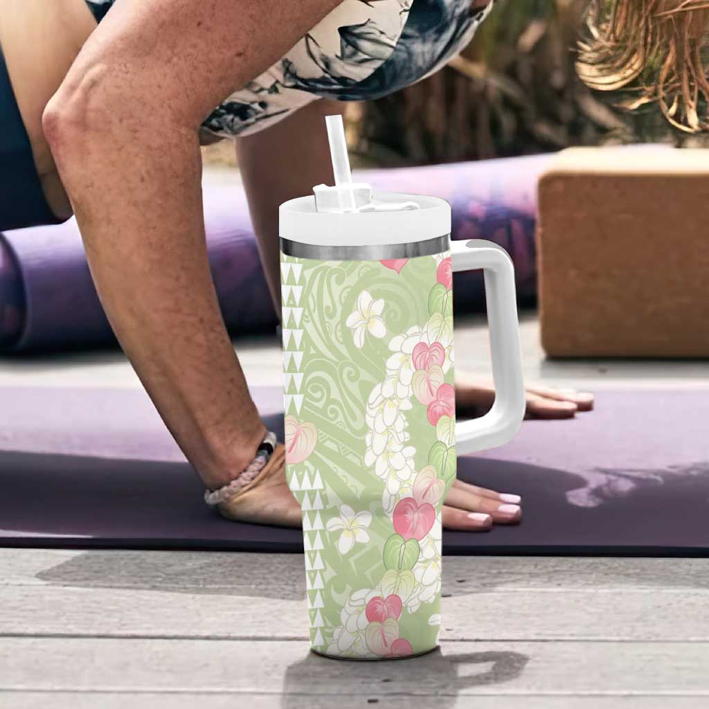 Leaf Green Hawaii Anthurium Plumeria Lei Tumbler With Handle LT9 - Polynesian Pride