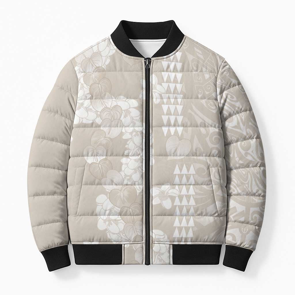 Suede Beige Hawaii Anthurium Plumeria Lei Bomber Puffer Jacket LT9 Unisex Beige - Polynesian Pride