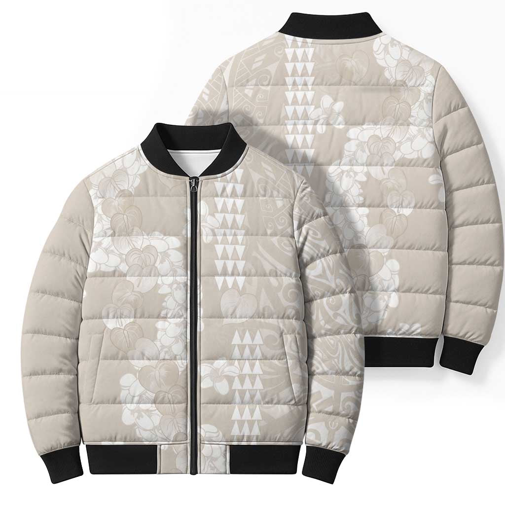 Suede Beige Hawaii Anthurium Plumeria Lei Bomber Puffer Jacket LT9 - Polynesian Pride