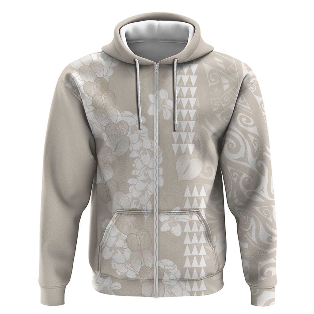 Suede Beige Hawaii Anthurium Plumeria Lei Hoodie LT9 Zip Hoodie Beige - Polynesian Pride