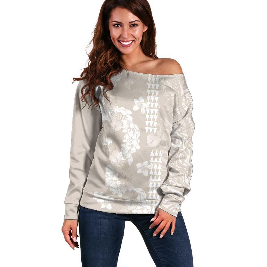 Suede Beige Hawaii Anthurium Plumeria Lei Off Shoulder Sweater LT9 Women Beige - Polynesian Pride