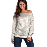 Suede Beige Hawaii Anthurium Plumeria Lei Off Shoulder Sweater LT9 Women Beige - Polynesian Pride