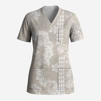 Suede Beige Hawaii Anthurium Plumeria Lei Scrub Top LT9 Adult Beige - Polynesian Pride