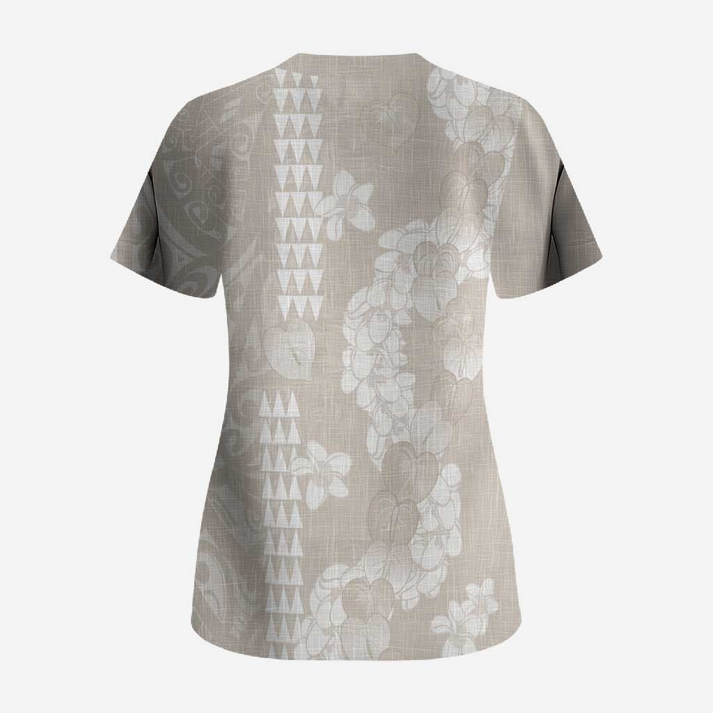 Suede Beige Hawaii Anthurium Plumeria Lei Scrub Top LT9 - Polynesian Pride