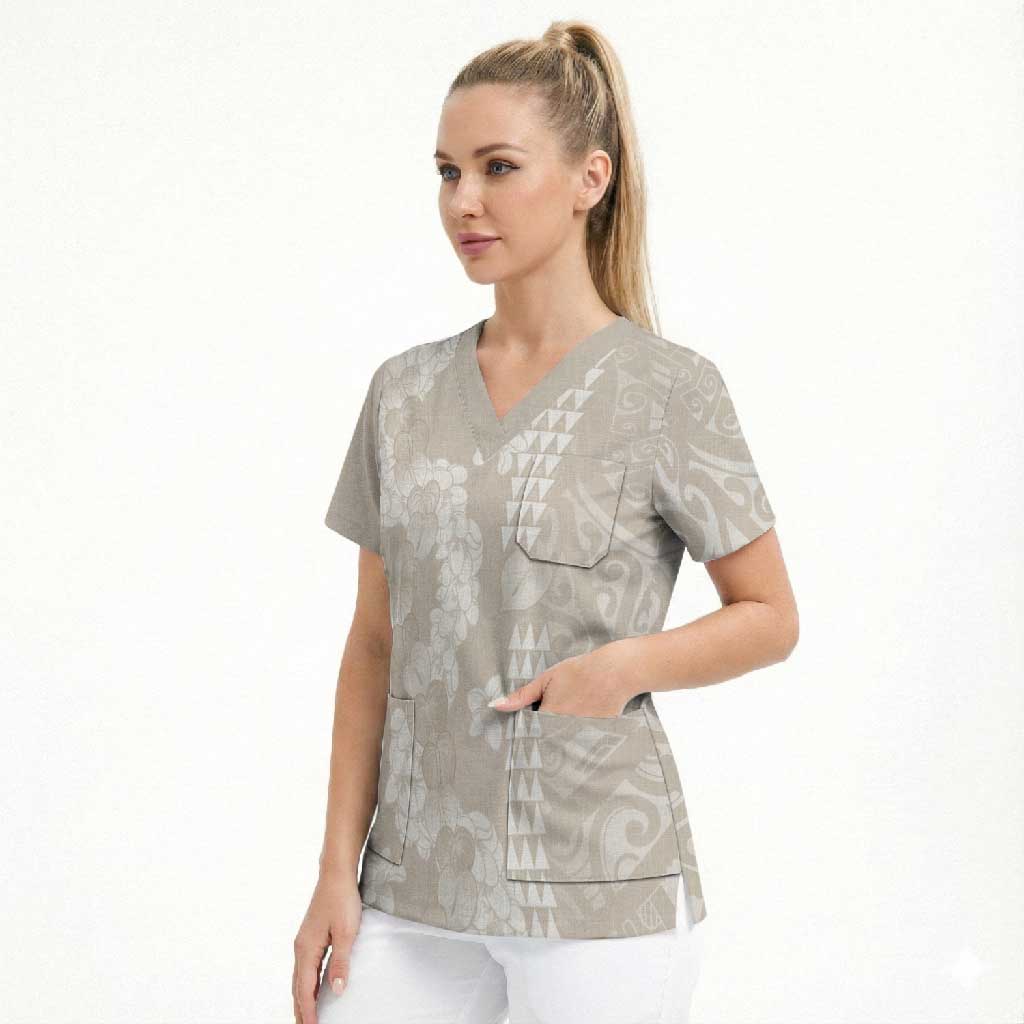 Suede Beige Hawaii Anthurium Plumeria Lei Scrub Top LT9 - Polynesian Pride