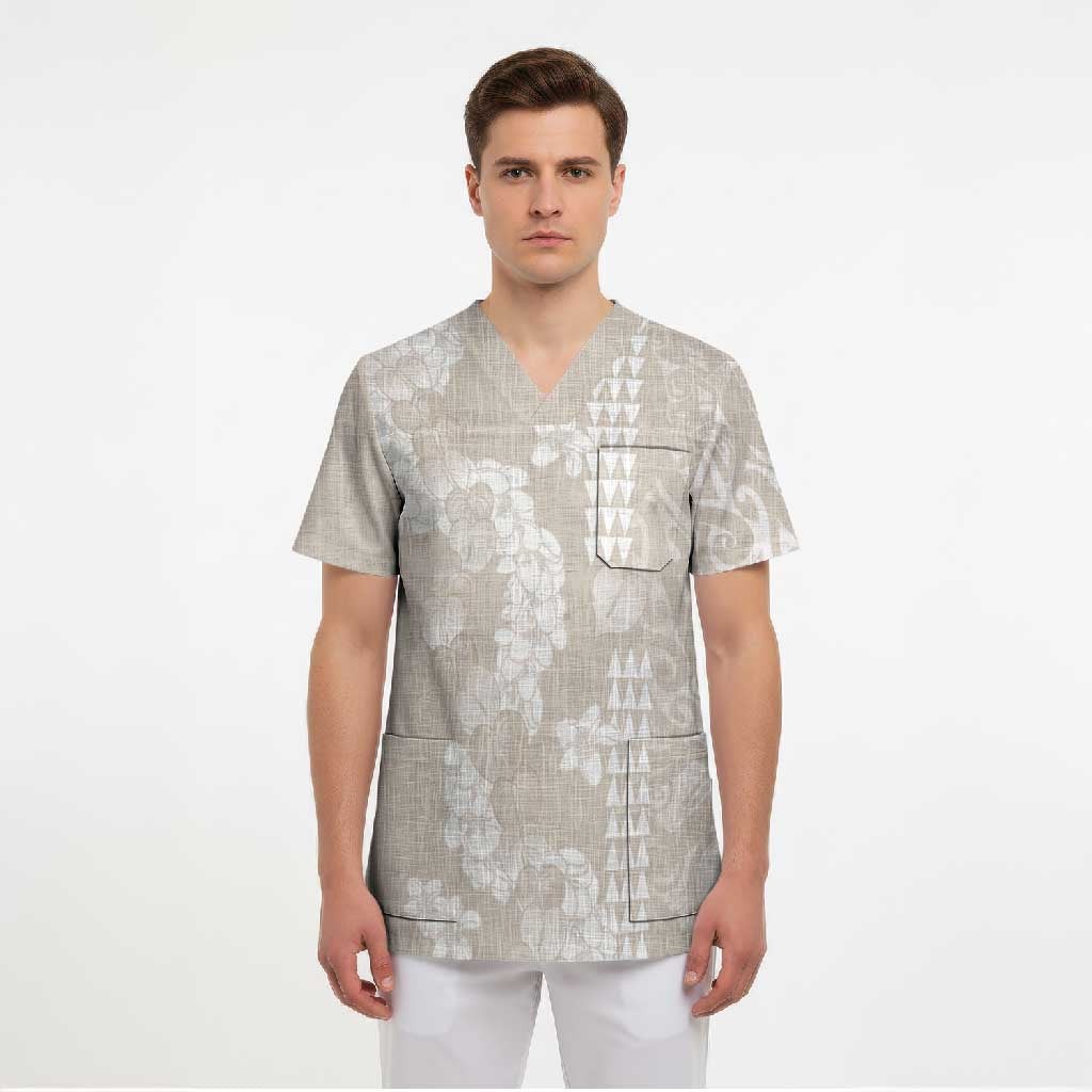 Suede Beige Hawaii Anthurium Plumeria Lei Scrub Top LT9 - Polynesian Pride