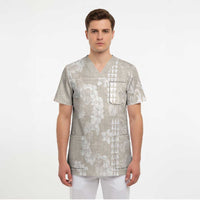 Suede Beige Hawaii Anthurium Plumeria Lei Scrub Top LT9 - Polynesian Pride