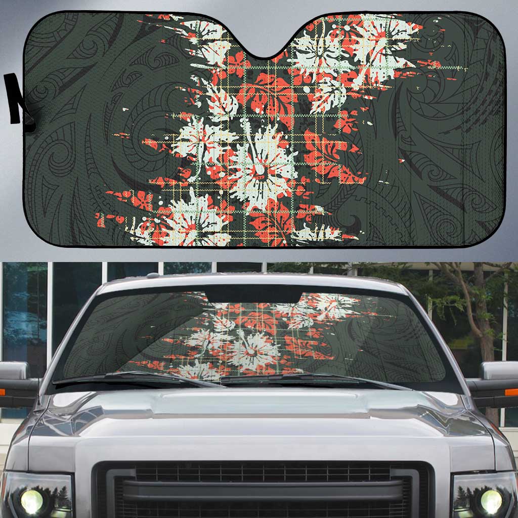 Hawaii Tartan With Hibiscus Auto Sun Shade Polynesian Pattern Vintage LT9 Dark Green - Polynesian Pride