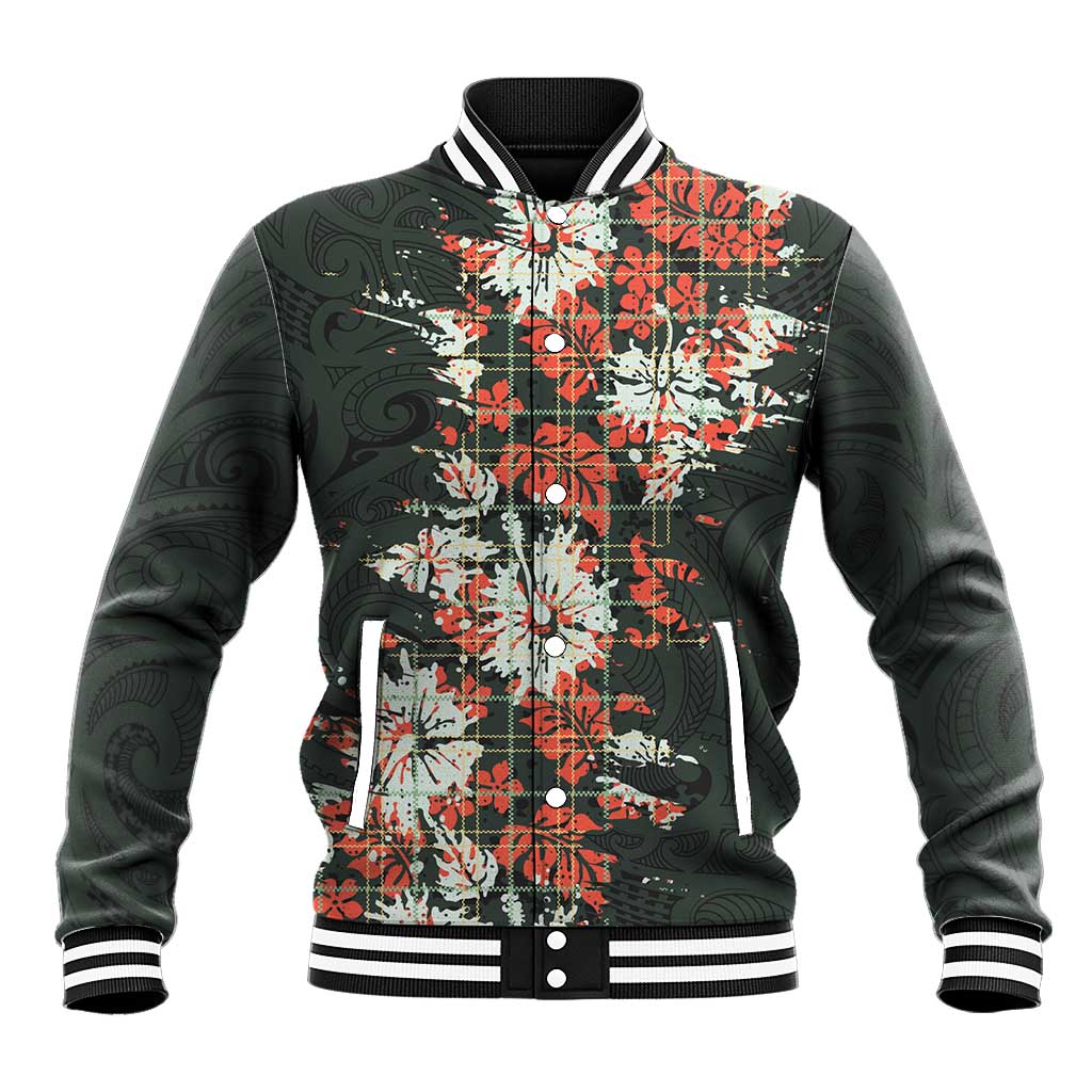 Hawaii Tartan With Hibiscus Baseball Jacket Polynesian Pattern Vintage LT9 Unisex Dark Green - Polynesian Pride
