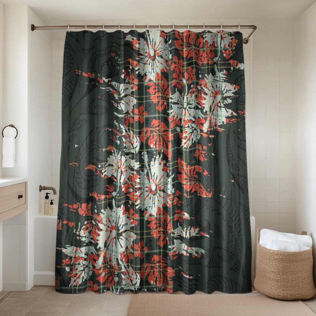 Hawaii Tartan With Hibiscus Bathroom Set Polynesian Pattern Vintage LT9 Shower Curtain Only Dark Green - Polynesian Pride