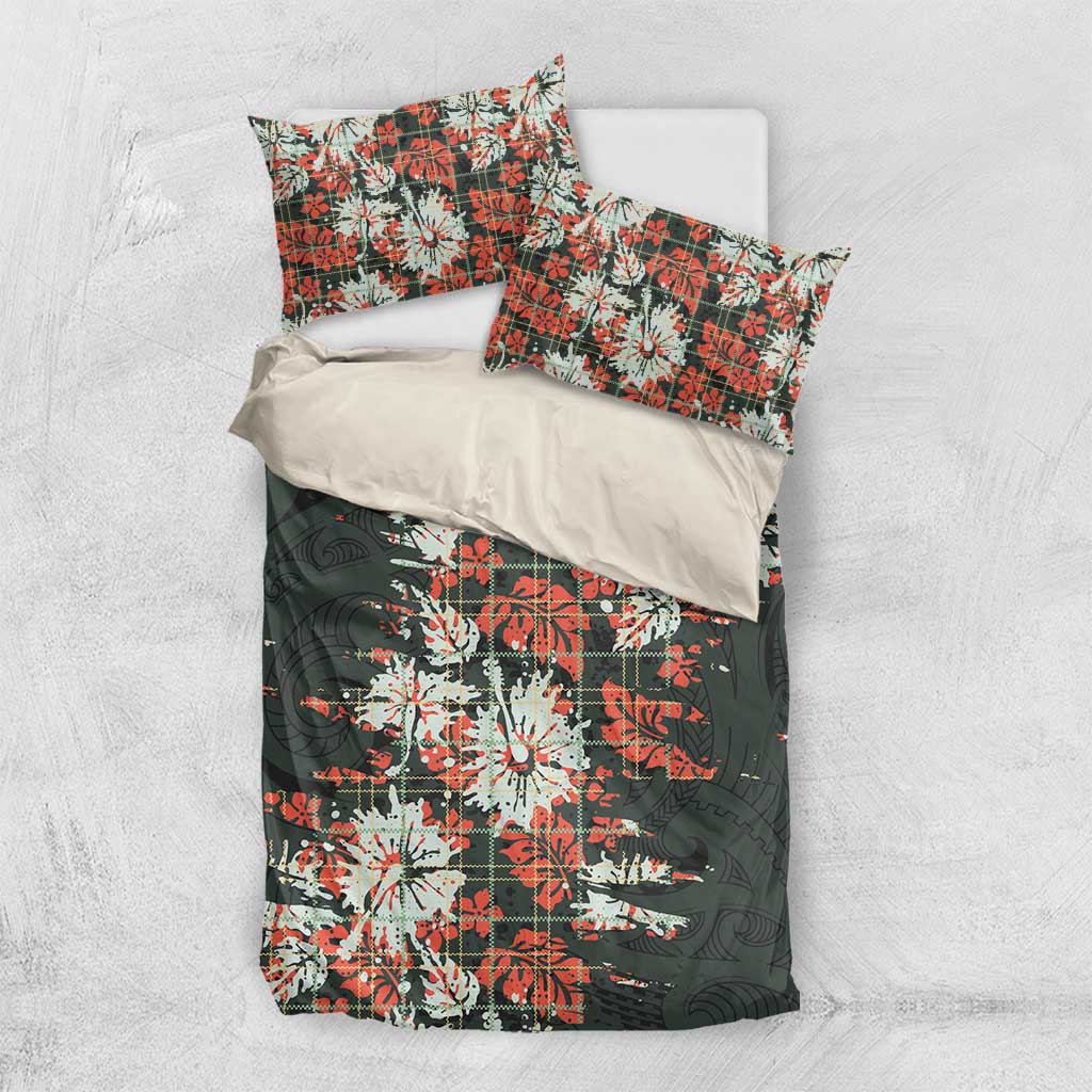 Hawaii Tartan With Hibiscus Bedding Set Polynesian Pattern Vintage LT9 US Twin 172cm x 218cm Dark Green - Polynesian Pride
