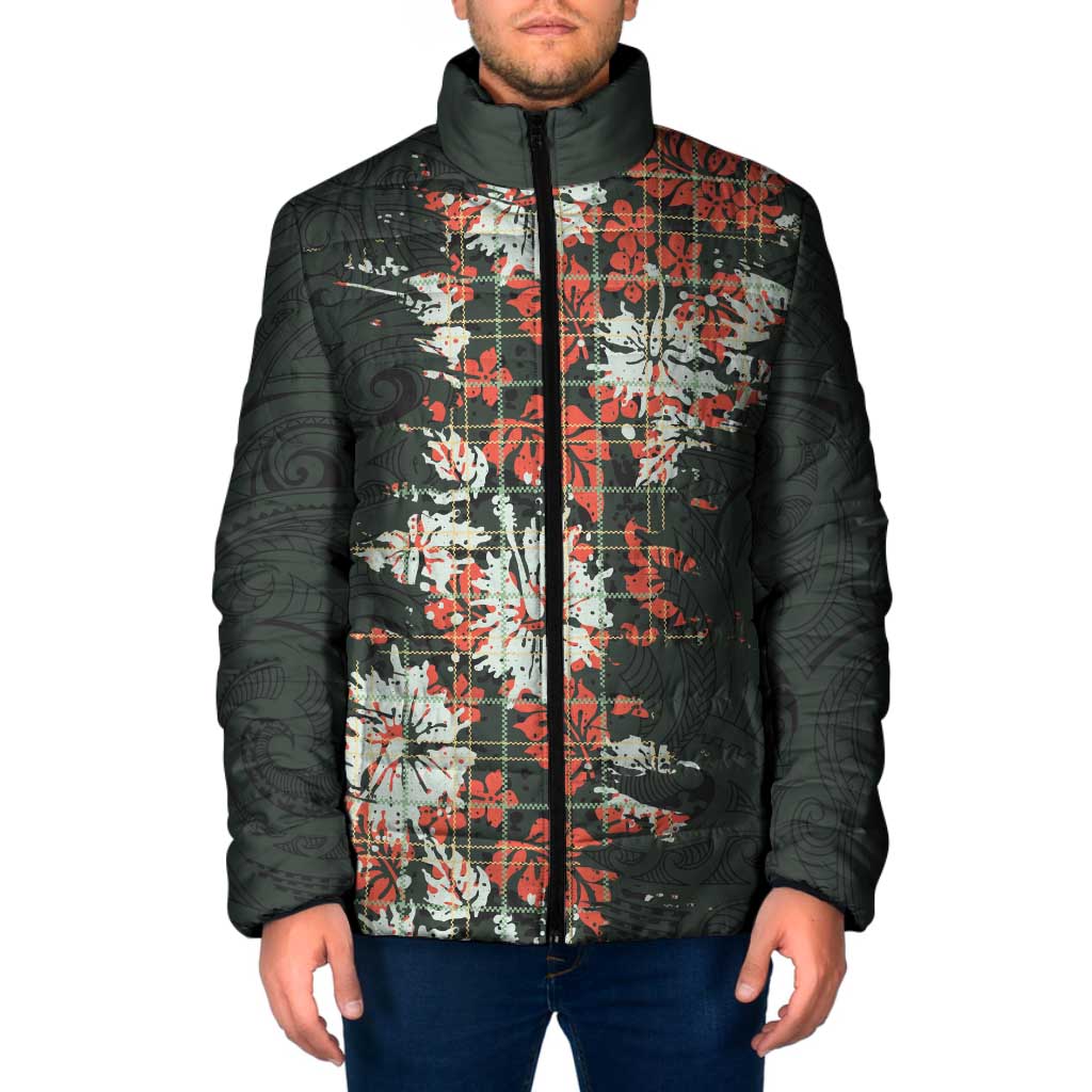 Hawaii Tartan With Hibiscus Padded Jacket Polynesian Pattern Vintage LT9 Men Dark Green - Polynesian Pride