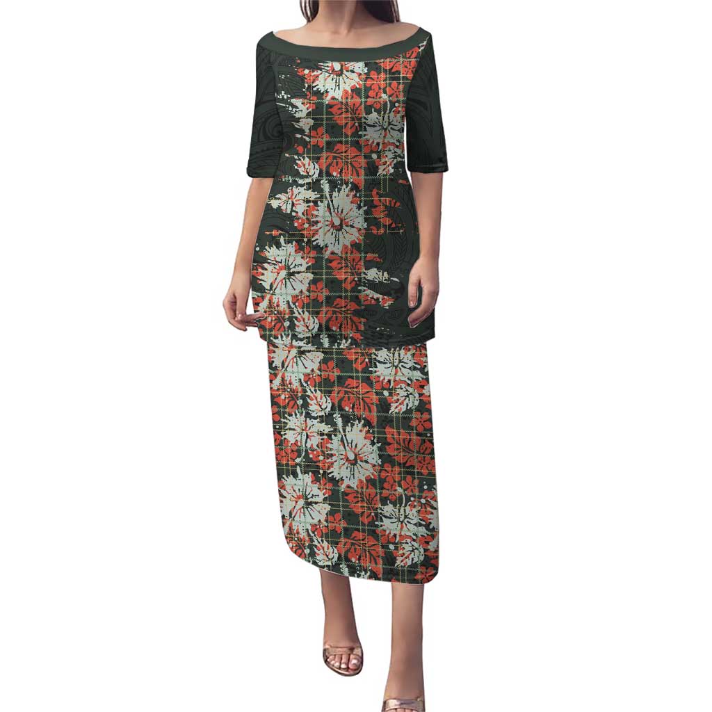 Hawaii Tartan With Hibiscus Puletasi Polynesian Pattern Vintage LT9 Long Dress Dark Green - Polynesian Pride
