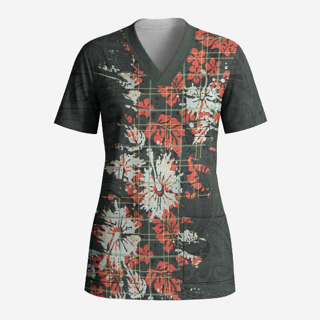 Hawaii Tartan With Hibiscus Scrub Top Polynesian Pattern Vintage LT9 Adult Dark Green - Polynesian Pride