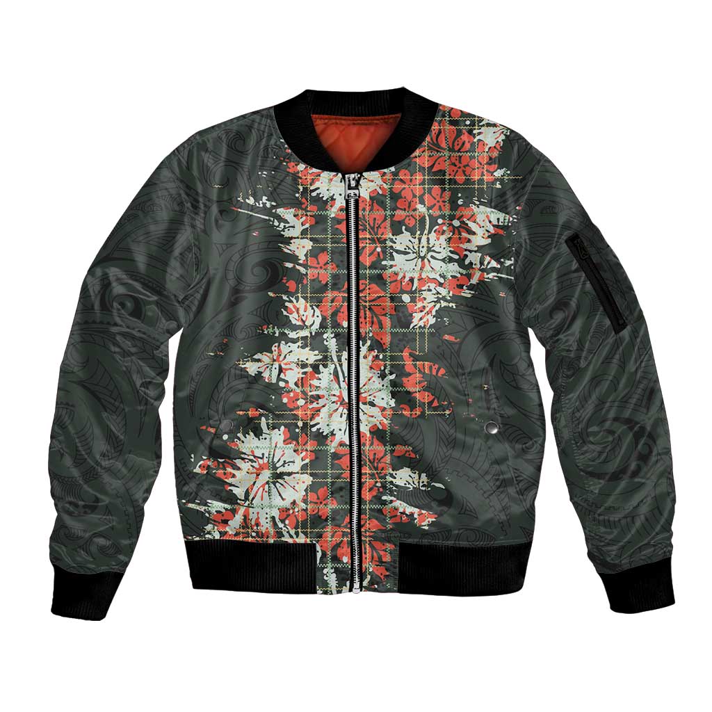 Hawaii Tartan With Hibiscus Sleeve Zip Bomber Jacket Polynesian Pattern Vintage LT9 Unisex Dark Green - Polynesian Pride