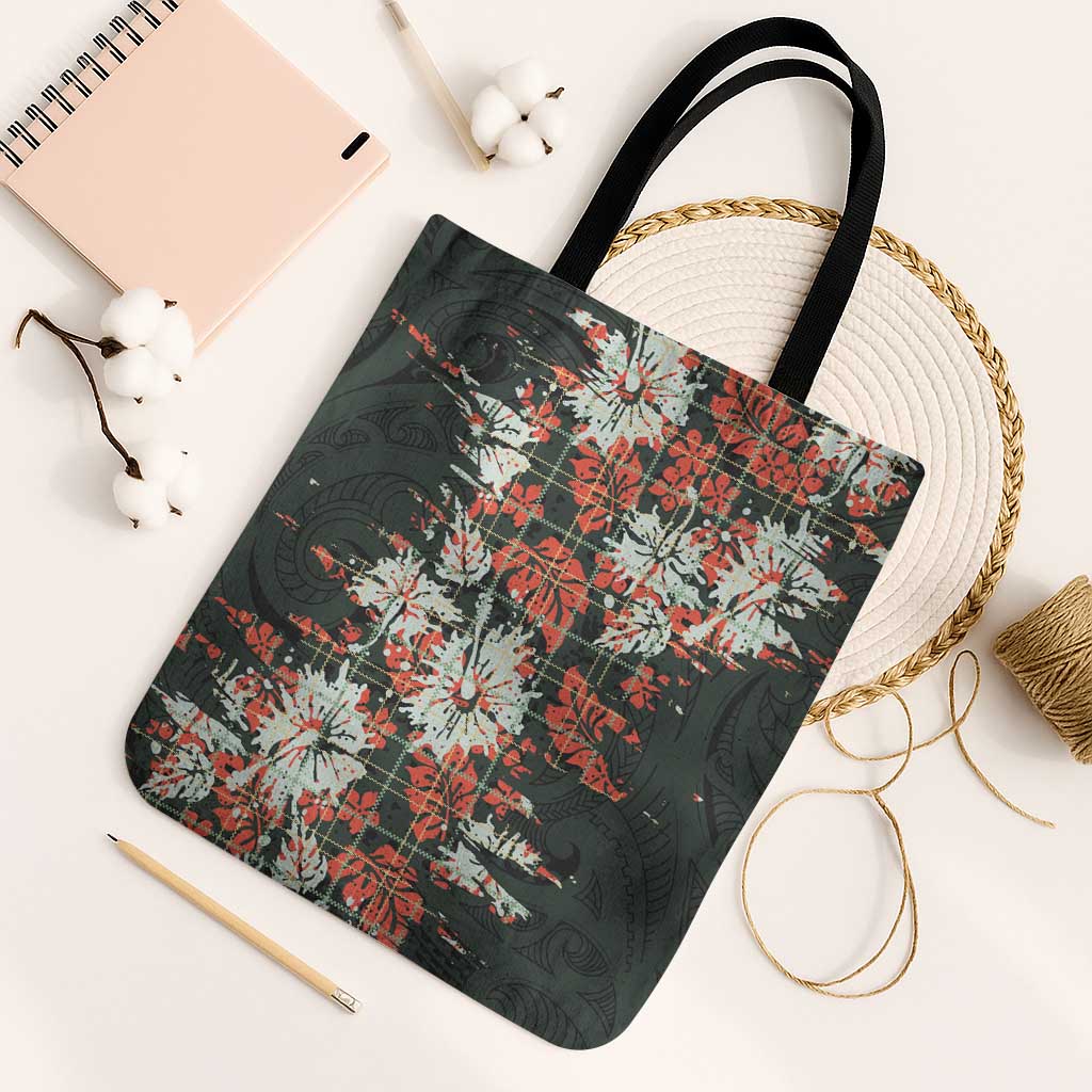 Hawaii Tartan With Hibiscus Tote Bag Polynesian Pattern Vintage LT9 Black Strap One Size Dark Green - Polynesian Pride