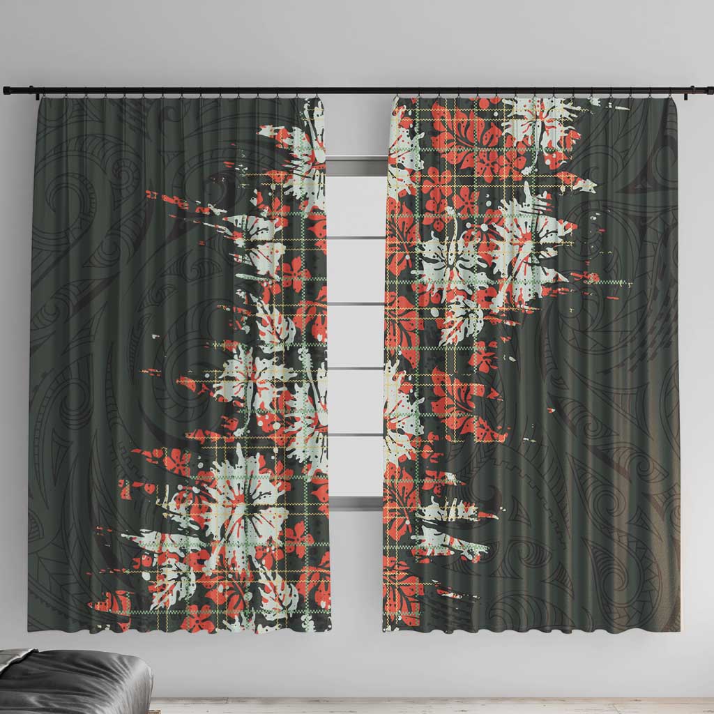 Hawaii Tartan With Hibiscus Window Curtain Polynesian Pattern Vintage LT9 With Hooks Dark Green - Polynesian Pride