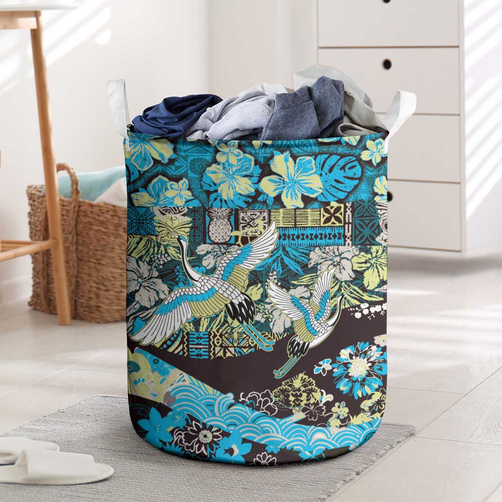 Japanese Hawaiian Crane Laundry Basket Blue Tapa Patchwork Pattern LT9 Blue - Polynesian Pride