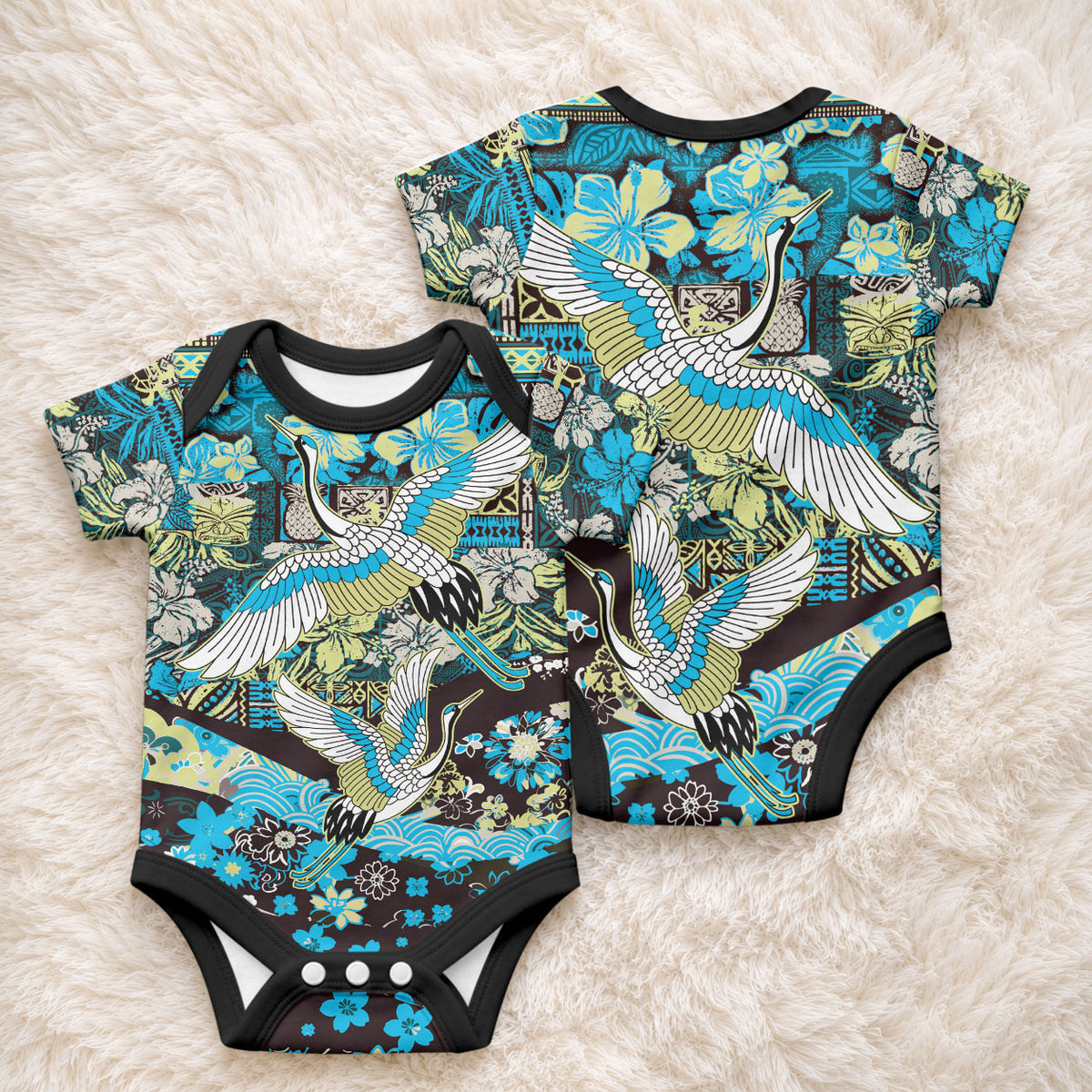 Japanese Hawaiian Crane Baby Onesie Blue Tapa Patchwork Pattern LT9 - Polynesian Pride
