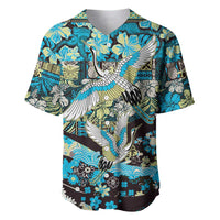 Japanese Hawaiian Crane Baseball Jersey Blue Tapa Patchwork Pattern LT9 Blue - Polynesian Pride