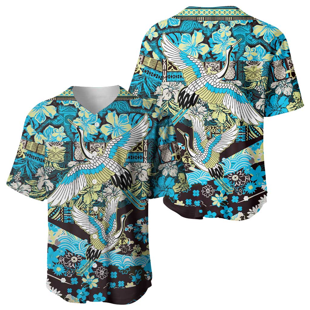 Japanese Hawaiian Crane Baseball Jersey Blue Tapa Patchwork Pattern LT9 - Polynesian Pride