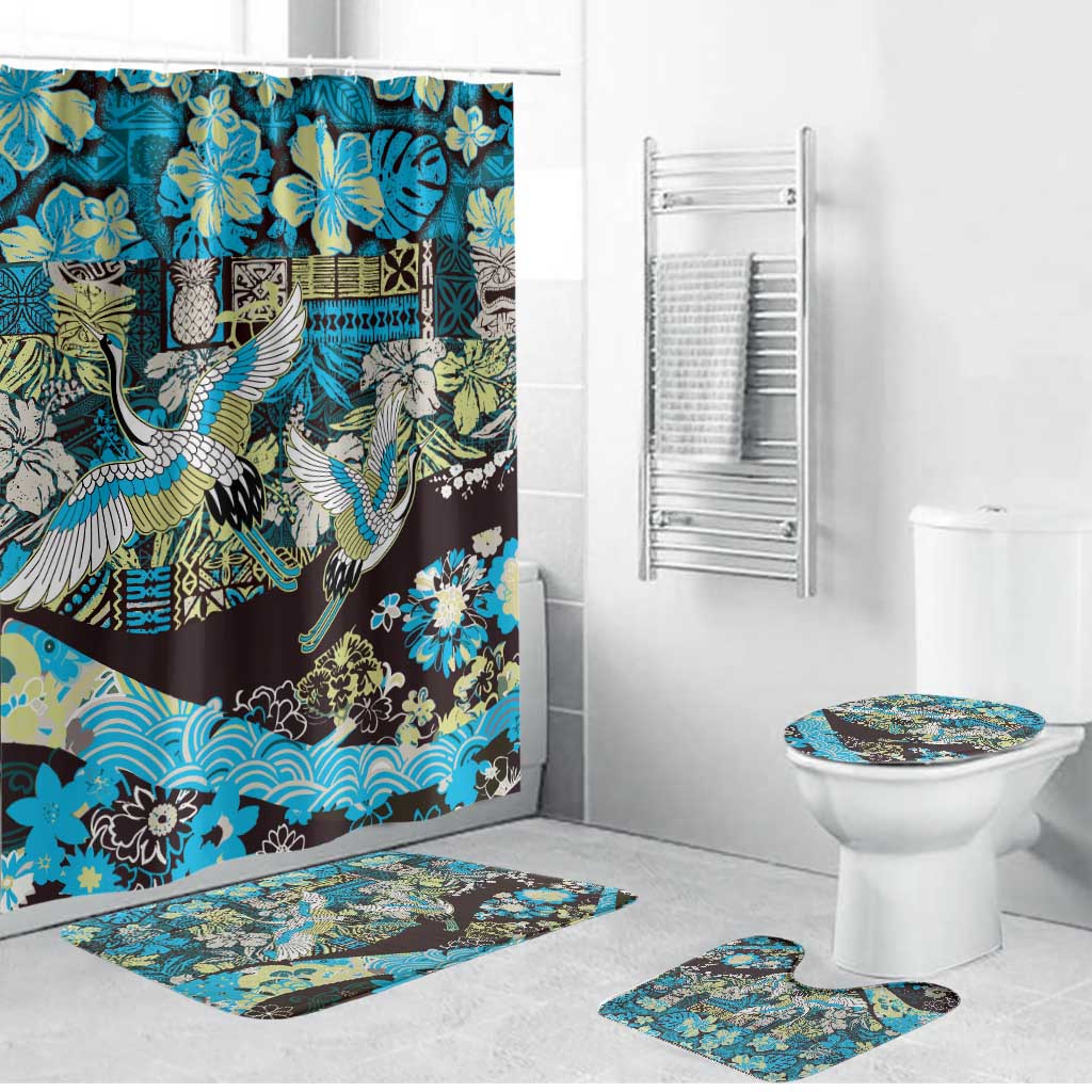 Japanese Hawaiian Crane Bathroom Set Blue Tapa Patchwork Pattern LT9 Bathroom Set (4 pcs) Blue - Polynesian Pride