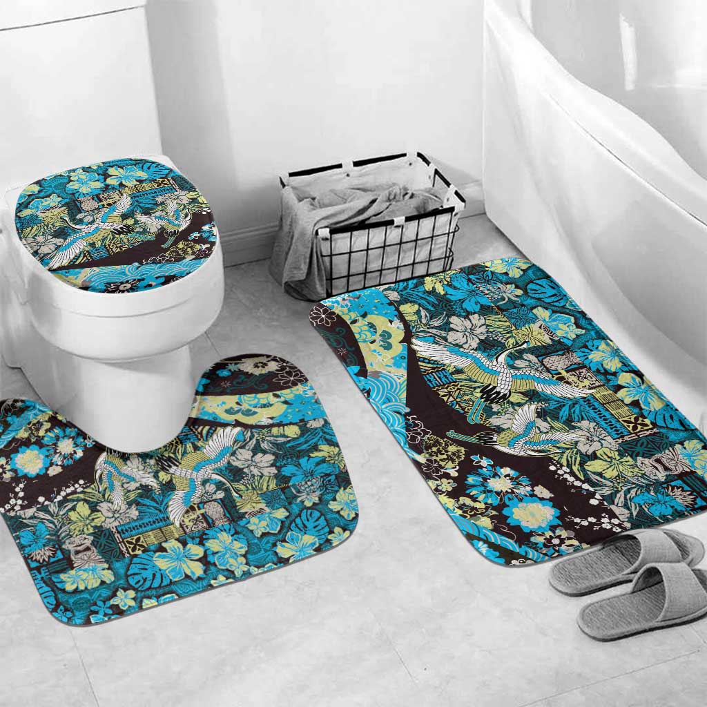 Japanese Hawaiian Crane Bathroom Set Blue Tapa Patchwork Pattern LT9 Mat Set Only (3 pcs) One Size Blue - Polynesian Pride