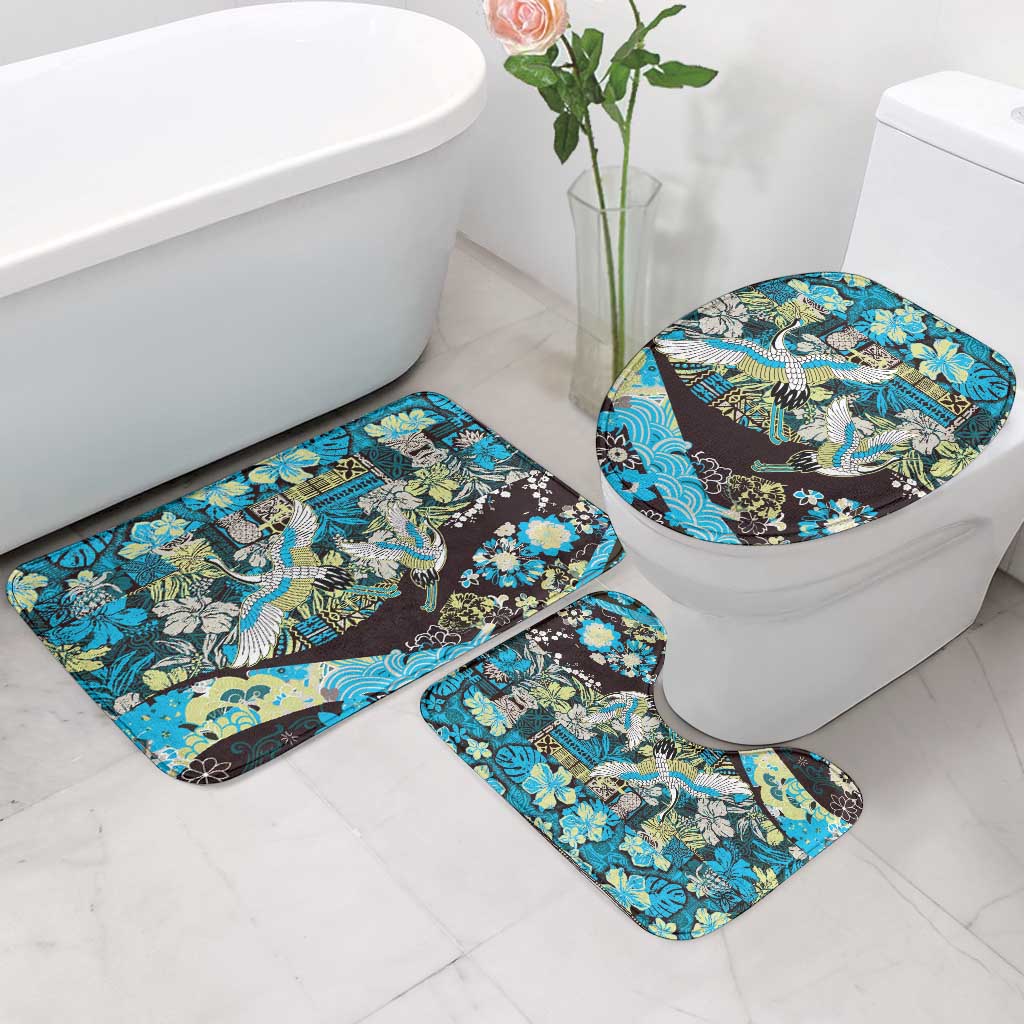 Japanese Hawaiian Crane Bathroom Set Blue Tapa Patchwork Pattern LT9 - Polynesian Pride