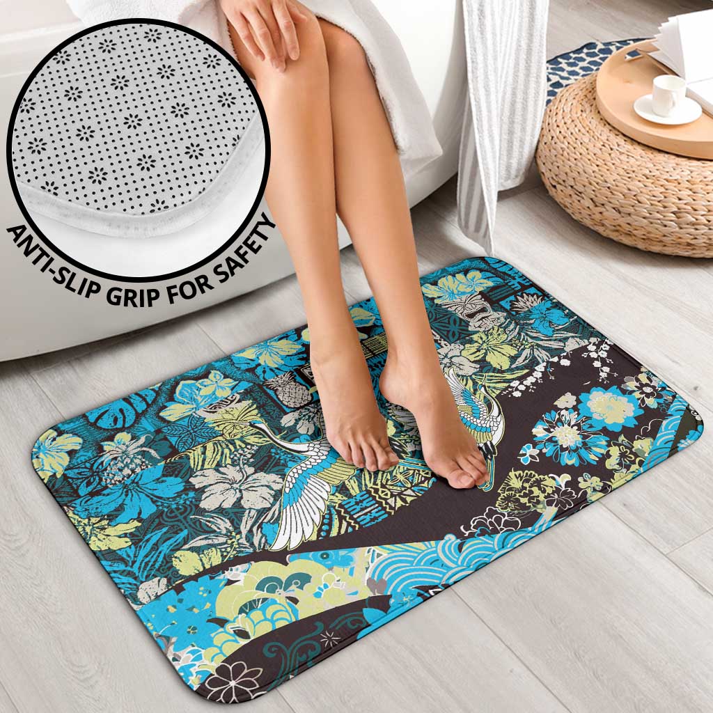 Japanese Hawaiian Crane Bathroom Set Blue Tapa Patchwork Pattern LT9 - Polynesian Pride