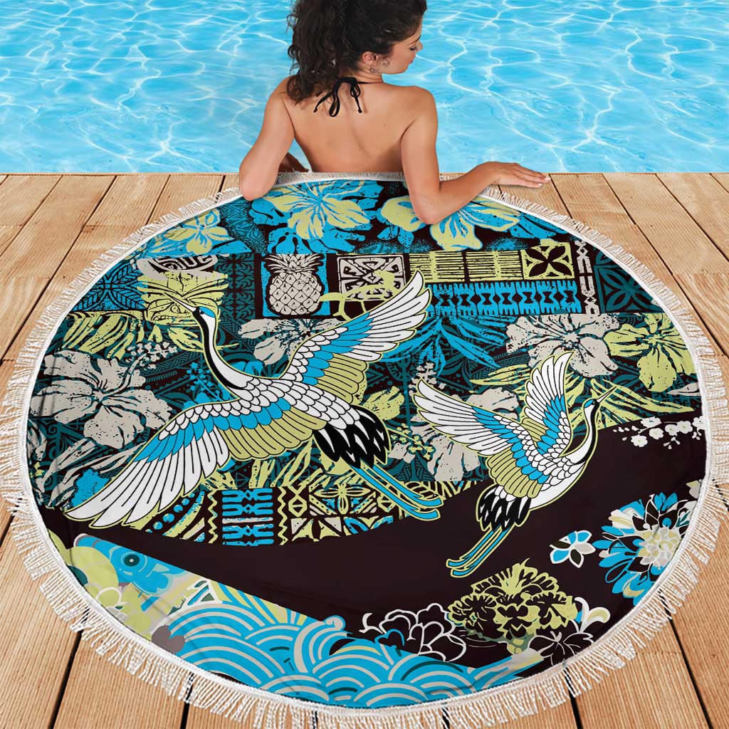 Japanese Hawaiian Crane Beach Blanket Blue Tapa Patchwork Pattern LT9 - Polynesian Pride