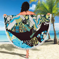 Japanese Hawaiian Crane Beach Blanket Blue Tapa Patchwork Pattern LT9 - Polynesian Pride