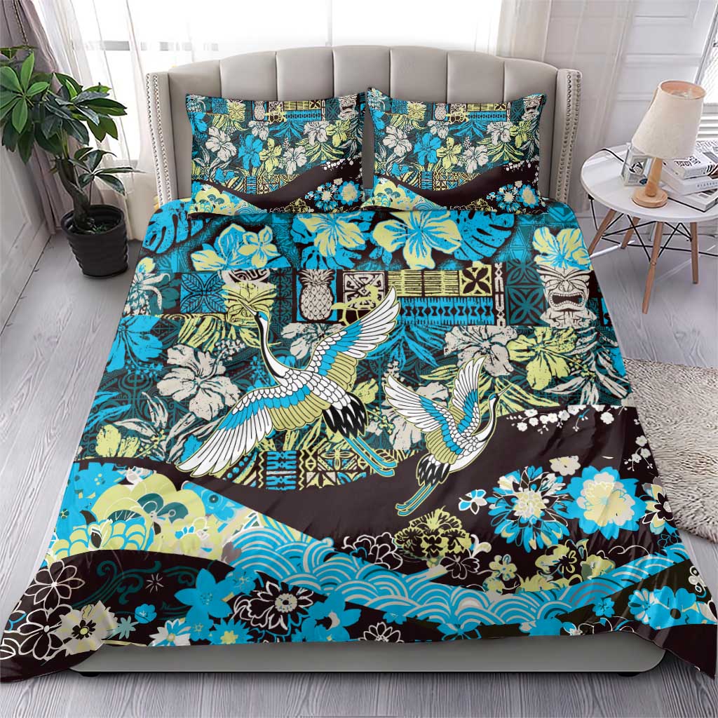 Japanese Hawaiian Crane Bedding Set Blue Tapa Patchwork Pattern LT9 - Polynesian Pride