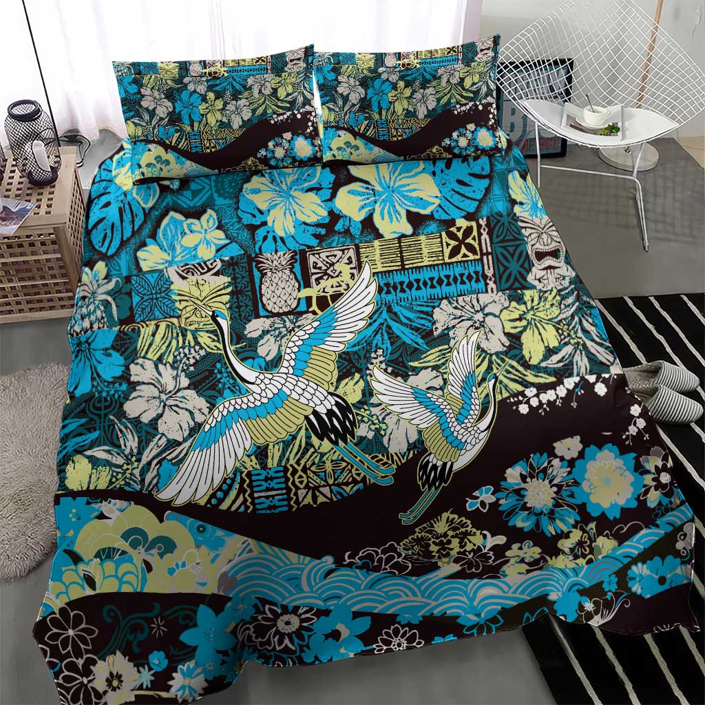 Japanese Hawaiian Crane Bedding Set Blue Tapa Patchwork Pattern LT9 - Polynesian Pride
