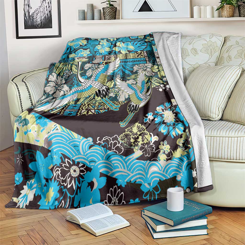 Japanese Hawaiian Crane Blanket Blue Tapa Patchwork Pattern LT9 Blue - Polynesian Pride