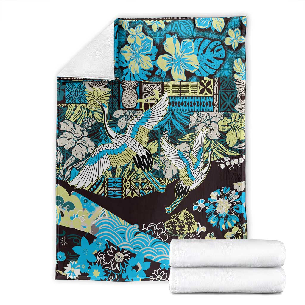 Japanese Hawaiian Crane Blanket Blue Tapa Patchwork Pattern LT9 - Polynesian Pride