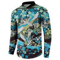 Japanese Hawaiian Crane Button Sweatshirt Blue Tapa Patchwork Pattern LT9 - Polynesian Pride