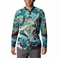 Japanese Hawaiian Crane Button Sweatshirt Blue Tapa Patchwork Pattern LT9 - Polynesian Pride