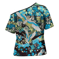 Japanese Hawaiian Crane Cross Shoulder Shirt Blue Tapa Patchwork Pattern LT9 - Polynesian Pride