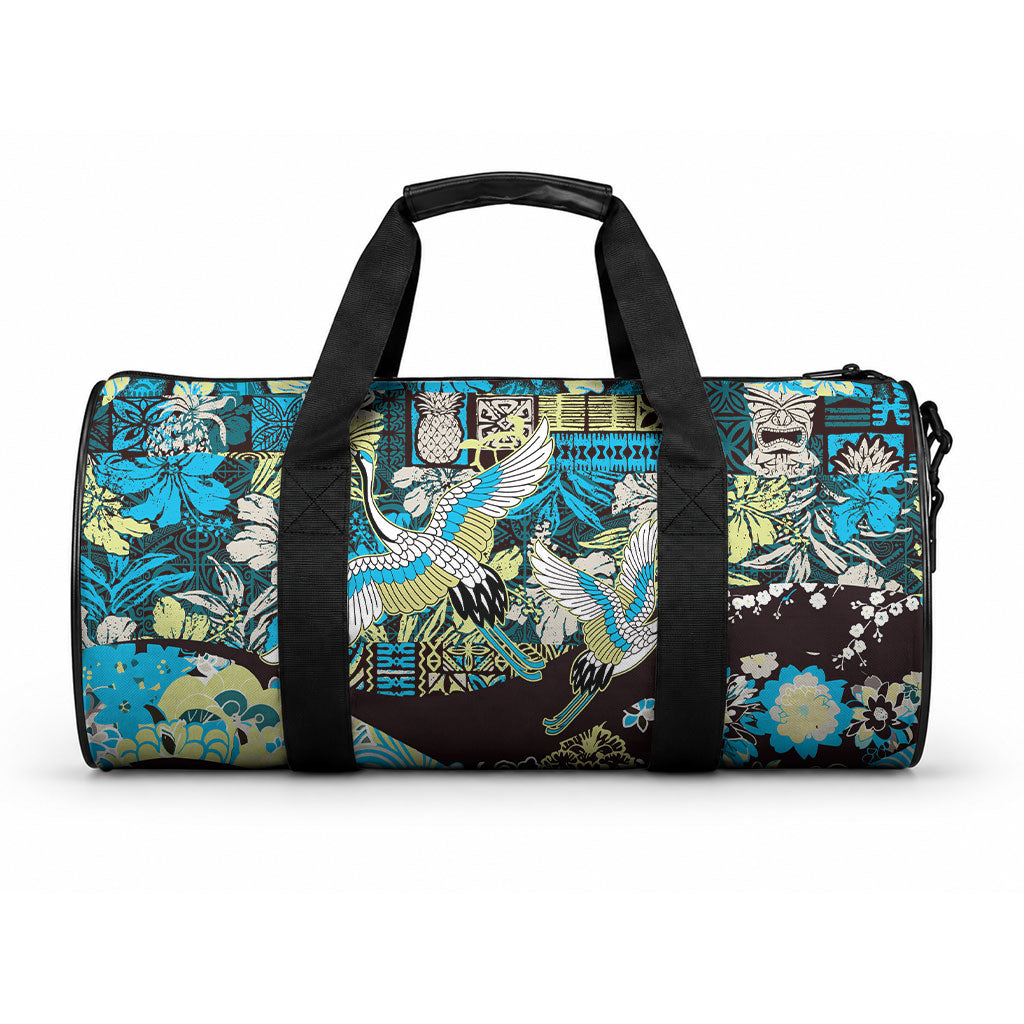 Japanese Hawaiian Crane Duffle Bag Blue Tapa Patchwork Pattern LT9 One size Blue - Polynesian Pride