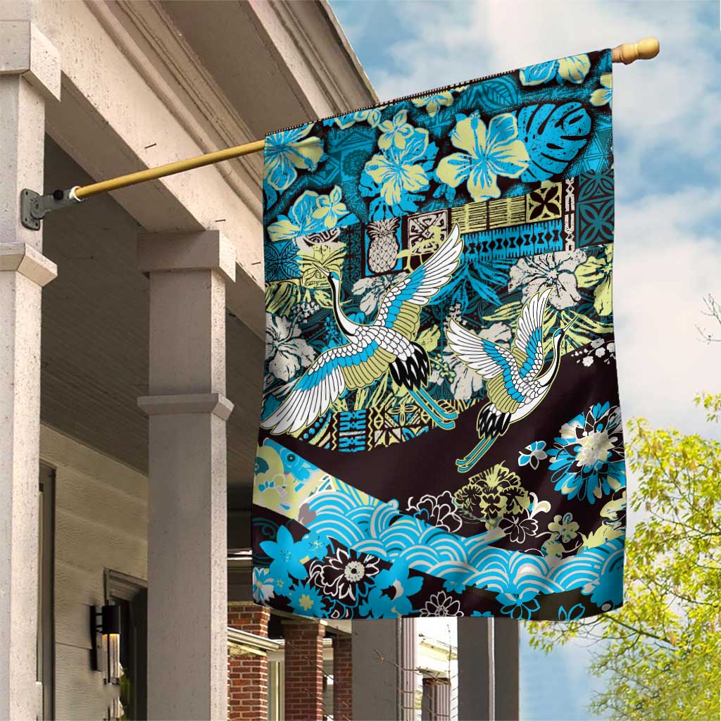 Japanese Hawaiian Crane Garden Flag Blue Tapa Patchwork Pattern LT9 House Flag Blue - Polynesian Pride