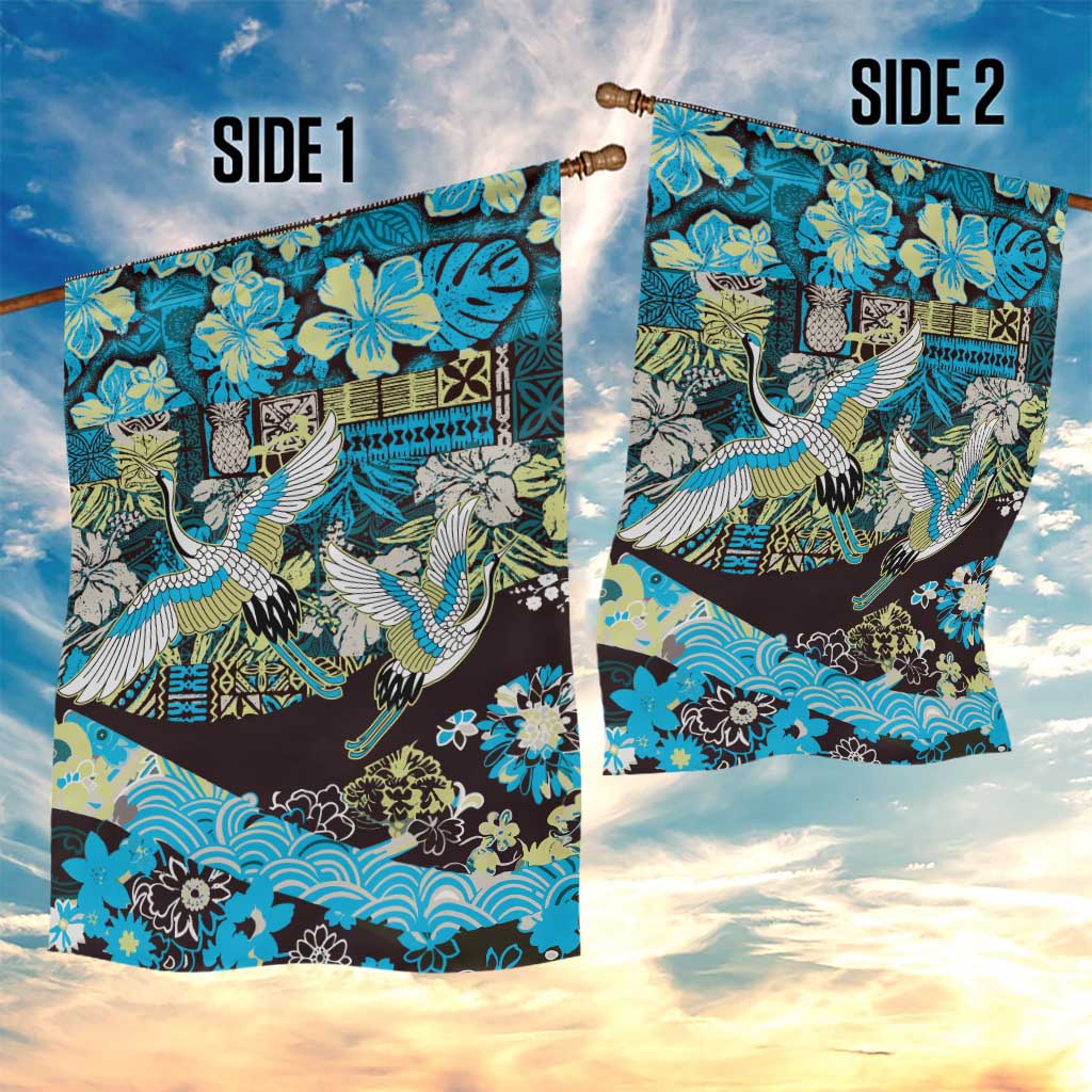 Japanese Hawaiian Crane Garden Flag Blue Tapa Patchwork Pattern LT9 - Polynesian Pride