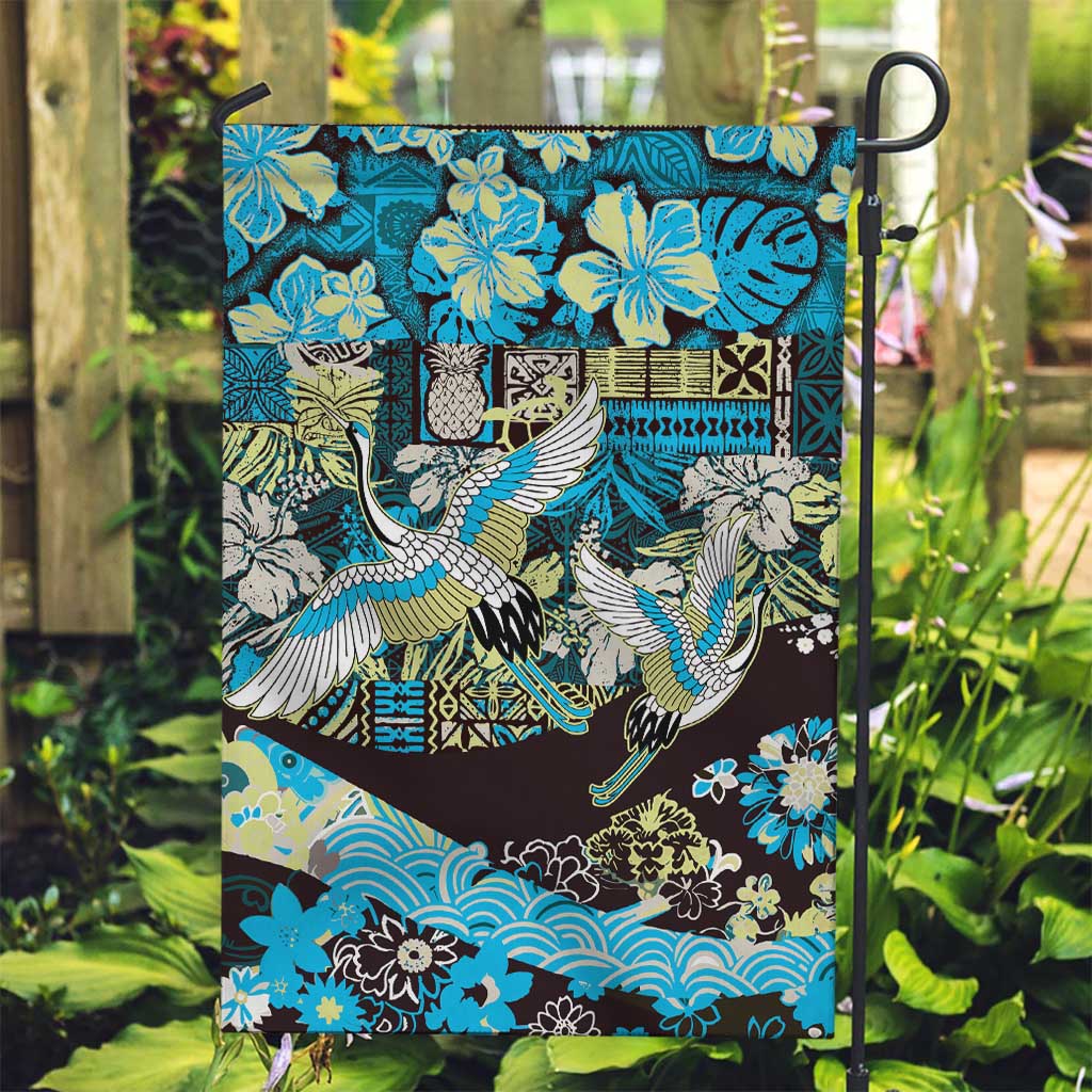 Japanese Hawaiian Crane Garden Flag Blue Tapa Patchwork Pattern LT9 Garden Flag Blue - Polynesian Pride