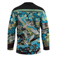 Japanese Hawaiian Crane Hockey Jersey Blue Tapa Patchwork Pattern LT9 - Polynesian Pride