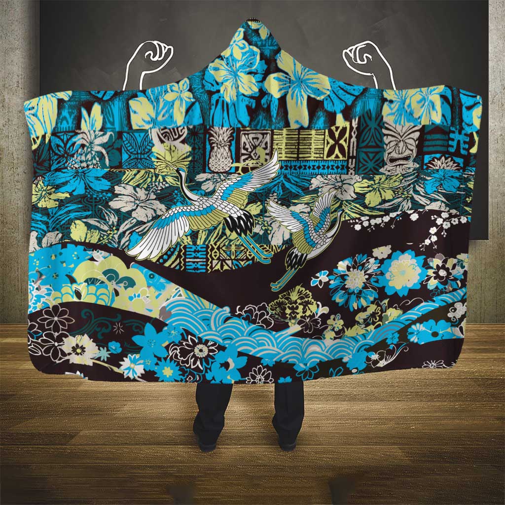 Japanese Hawaiian Crane Hooded Blanket Blue Tapa Patchwork Pattern LT9 - Polynesian Pride