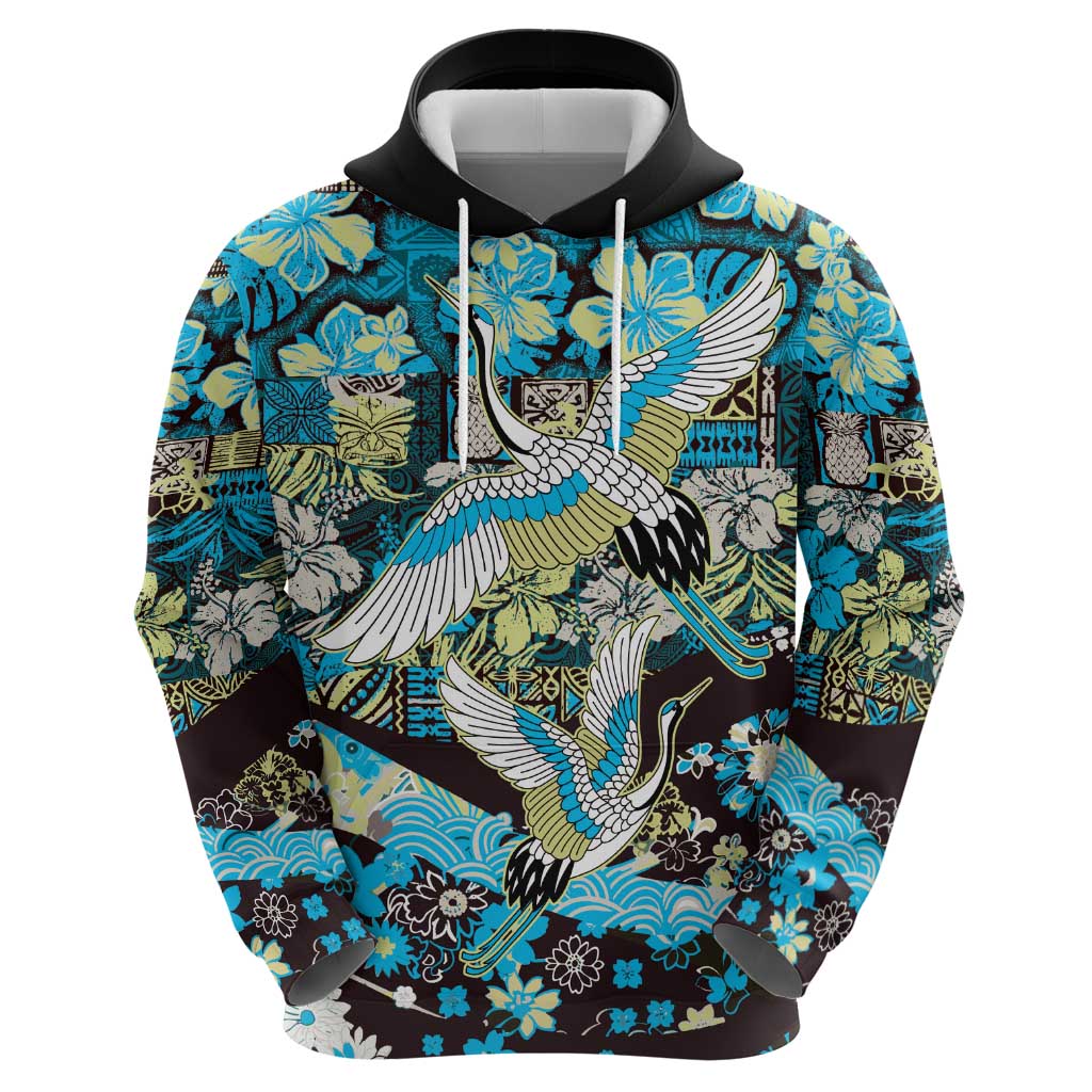 Japanese Hawaiian Crane Hoodie Blue Tapa Patchwork Pattern LT9 - Polynesian Pride