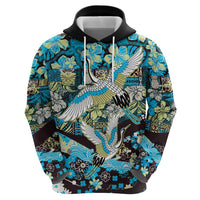 Japanese Hawaiian Crane Hoodie Blue Tapa Patchwork Pattern LT9 - Polynesian Pride