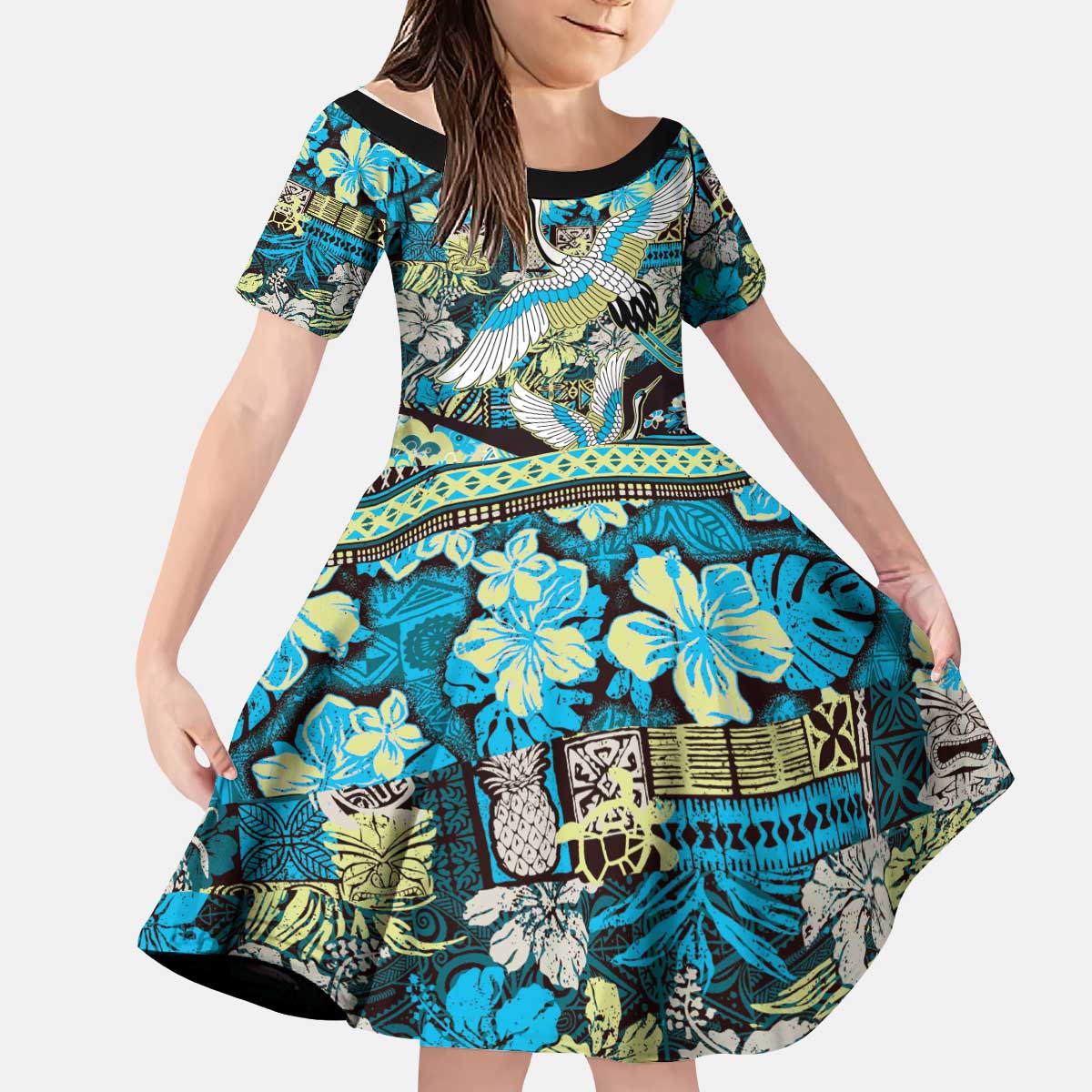 Japanese Hawaiian Crane Kid Short Sleeve Dress Blue Tapa Patchwork Pattern LT9 KID Blue - Polynesian Pride